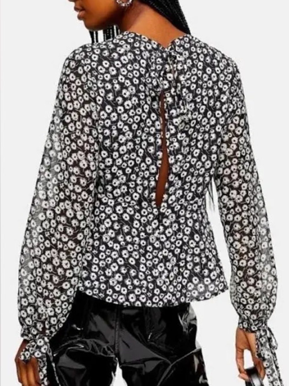 Topshop Black & White Floral Open Back Tie-Cuff Peasant Blouse
